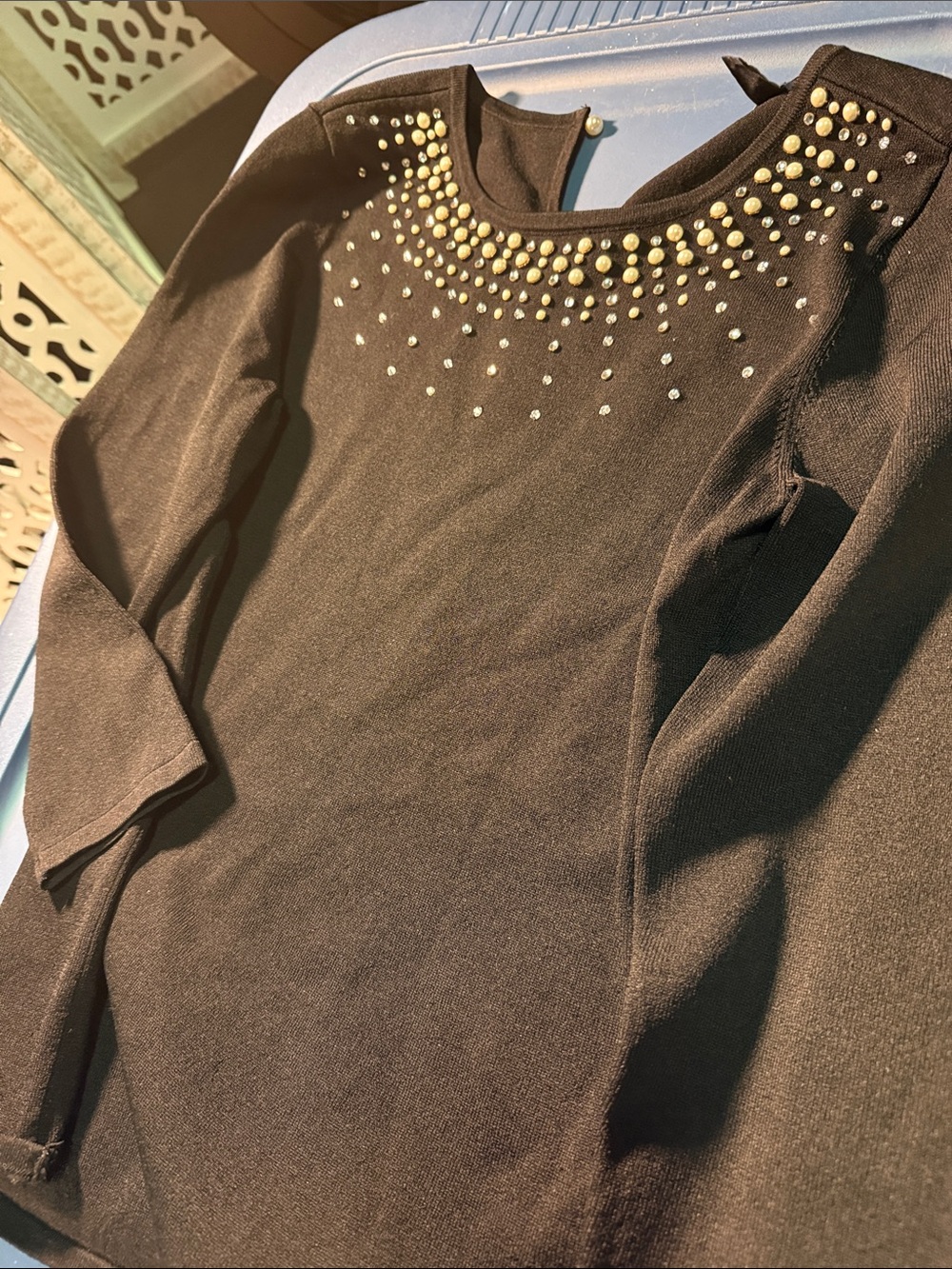 Black Studded Crewneck Women's Top
